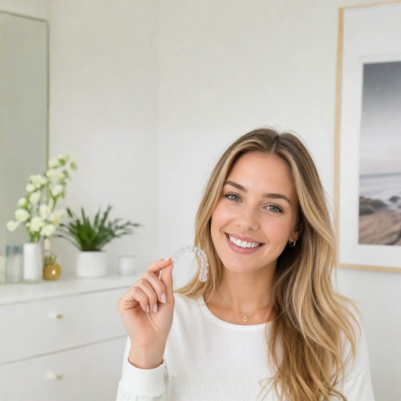 Woman holding an Invisalign clear aligner